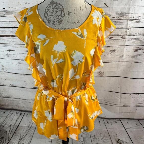 Banana Republic Factory Tops - Banana Republic Factory Yellow Floral Ruffle Sleeve Blouse Size M